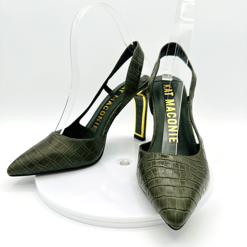 Kat Maconie D'Orsay Slingback Heels Womens 37 Green Faux Leather Gold Maximalist